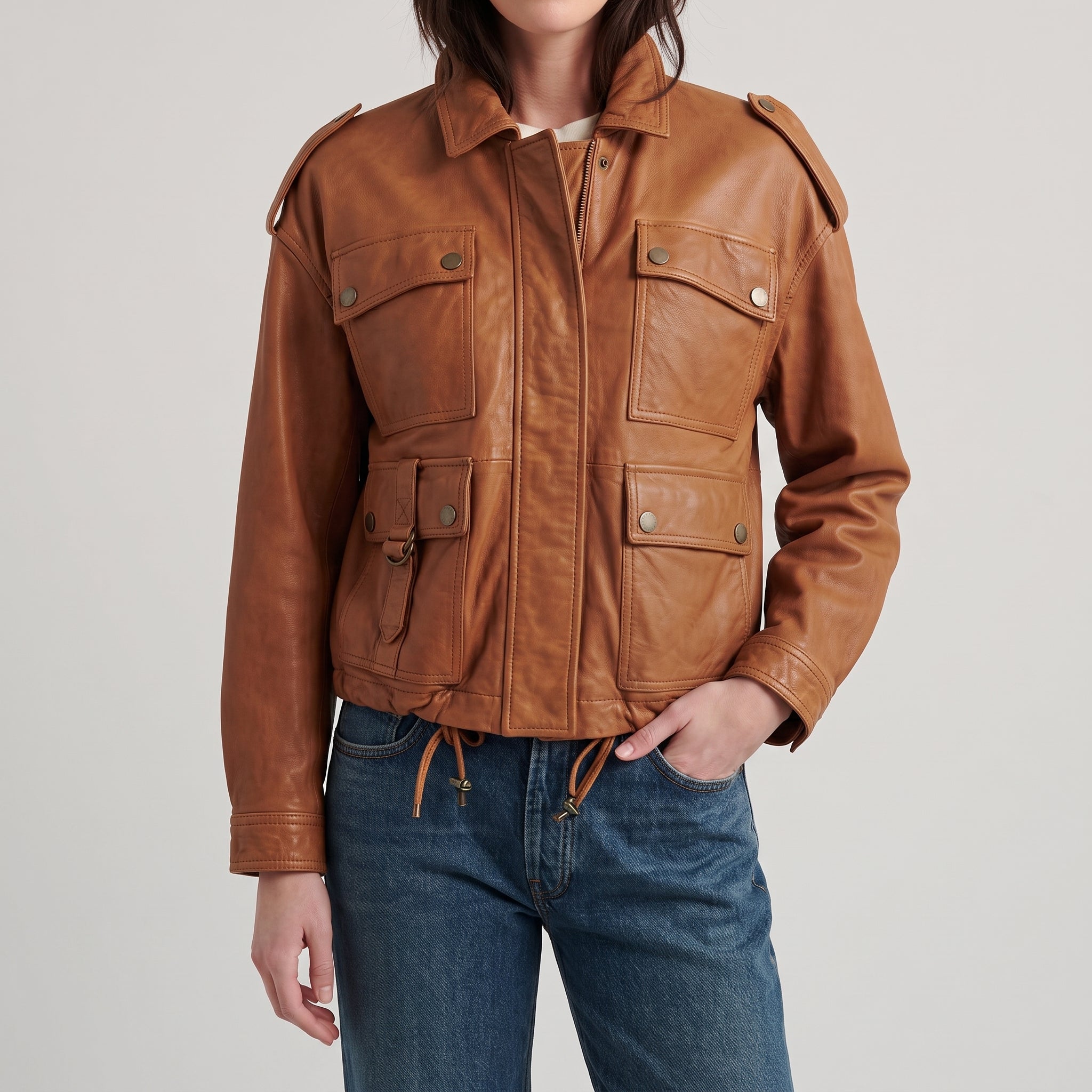 Brown Leather Utility Jacket - Women's Zip-Front Drawstring Jacket
