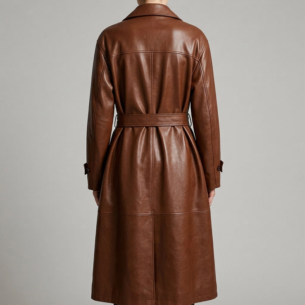 Women's Cognac Leather Belted Trench Coat - Winter Essential