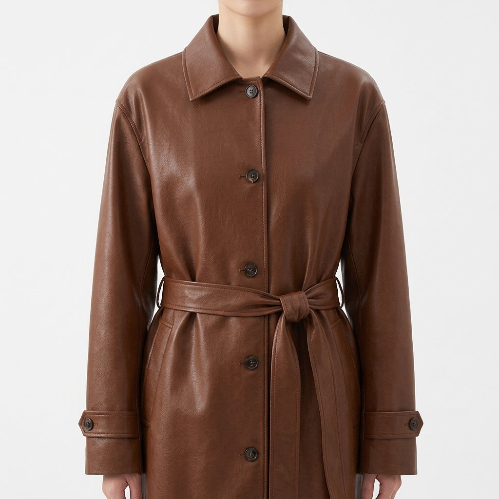 Women's Cognac Leather Belted Trench Coat - Winter Essential