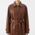 Women's Cognac Leather Belted Trench Coat - Winter Essential