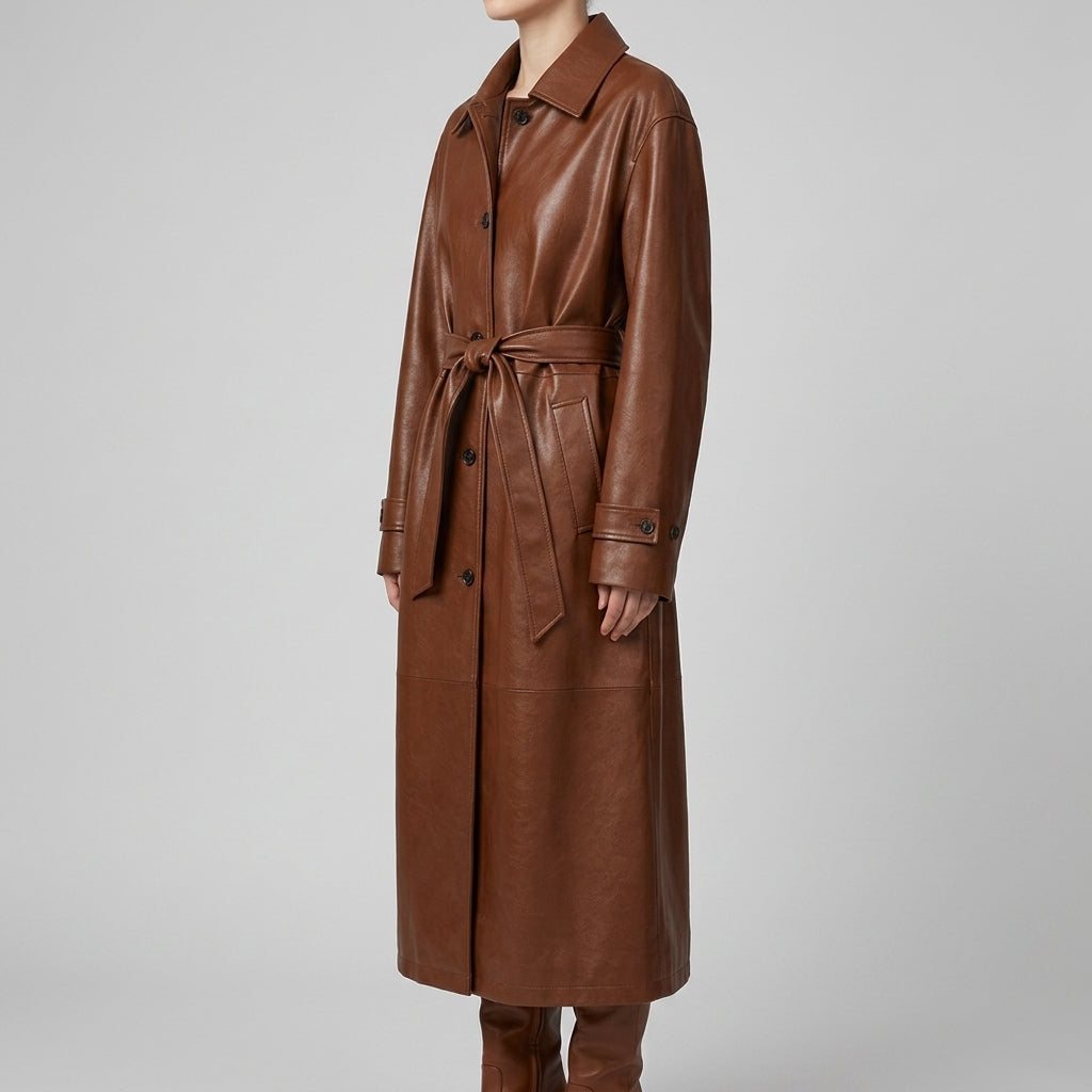 Women's Cognac Leather Belted Trench Coat - Winter Essential