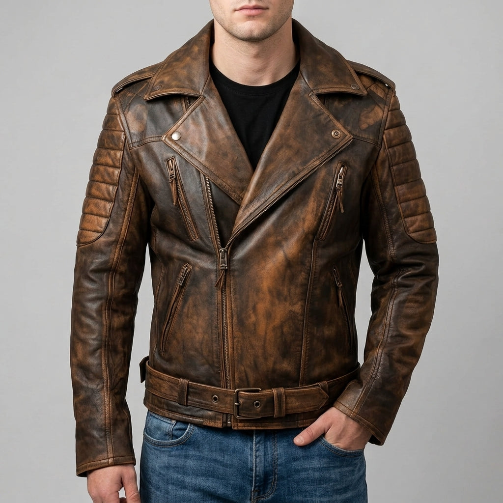 Men's Vintage Distressed Brown Leather Belted Biker Jacket - Genuine Leather Moto Jacket