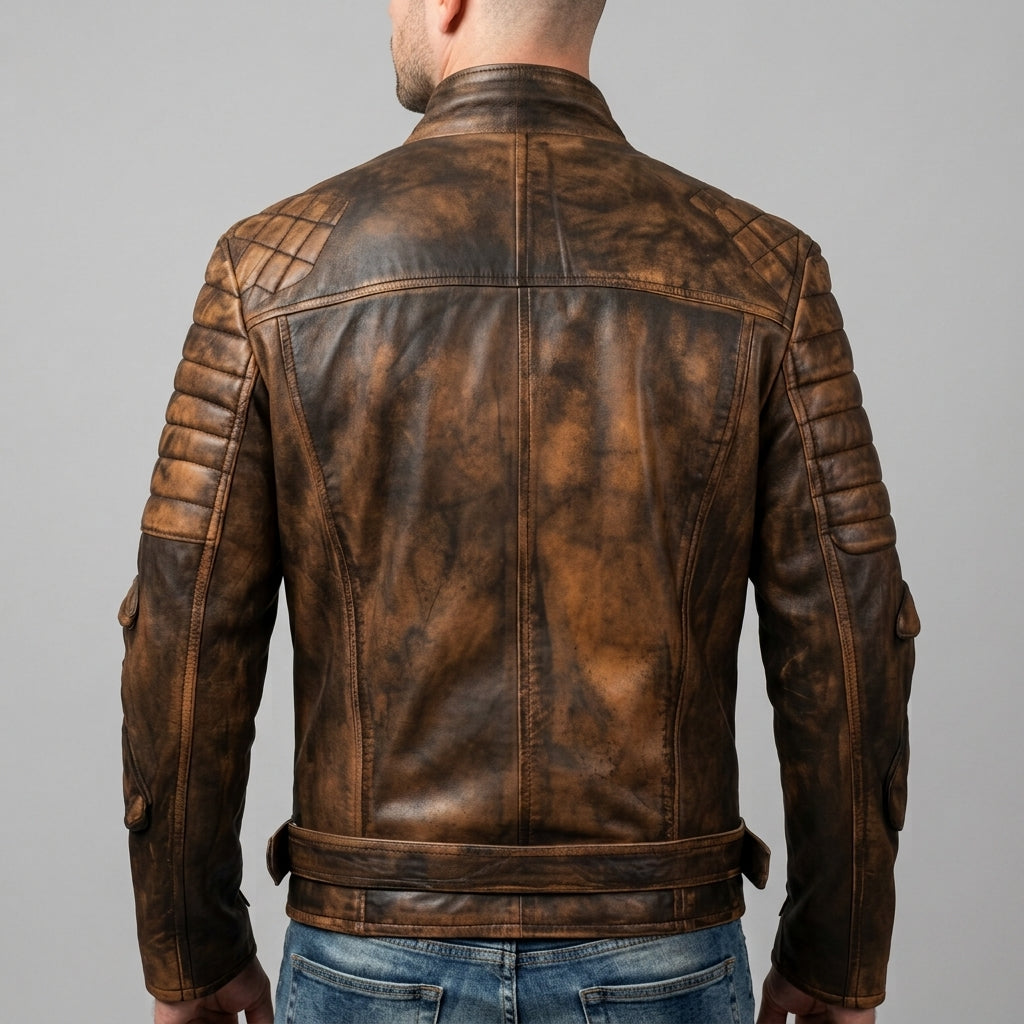 Men's Vintage Distressed Brown Leather Belted Biker Jacket - Genuine Leather Moto Jacket
