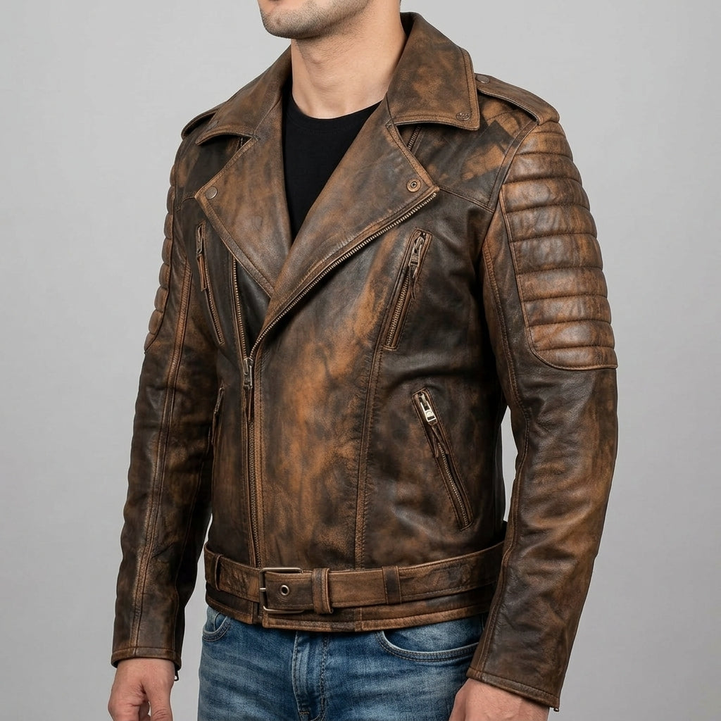 Men's Vintage Distressed Brown Leather Belted Biker Jacket - Genuine Leather Moto Jacket