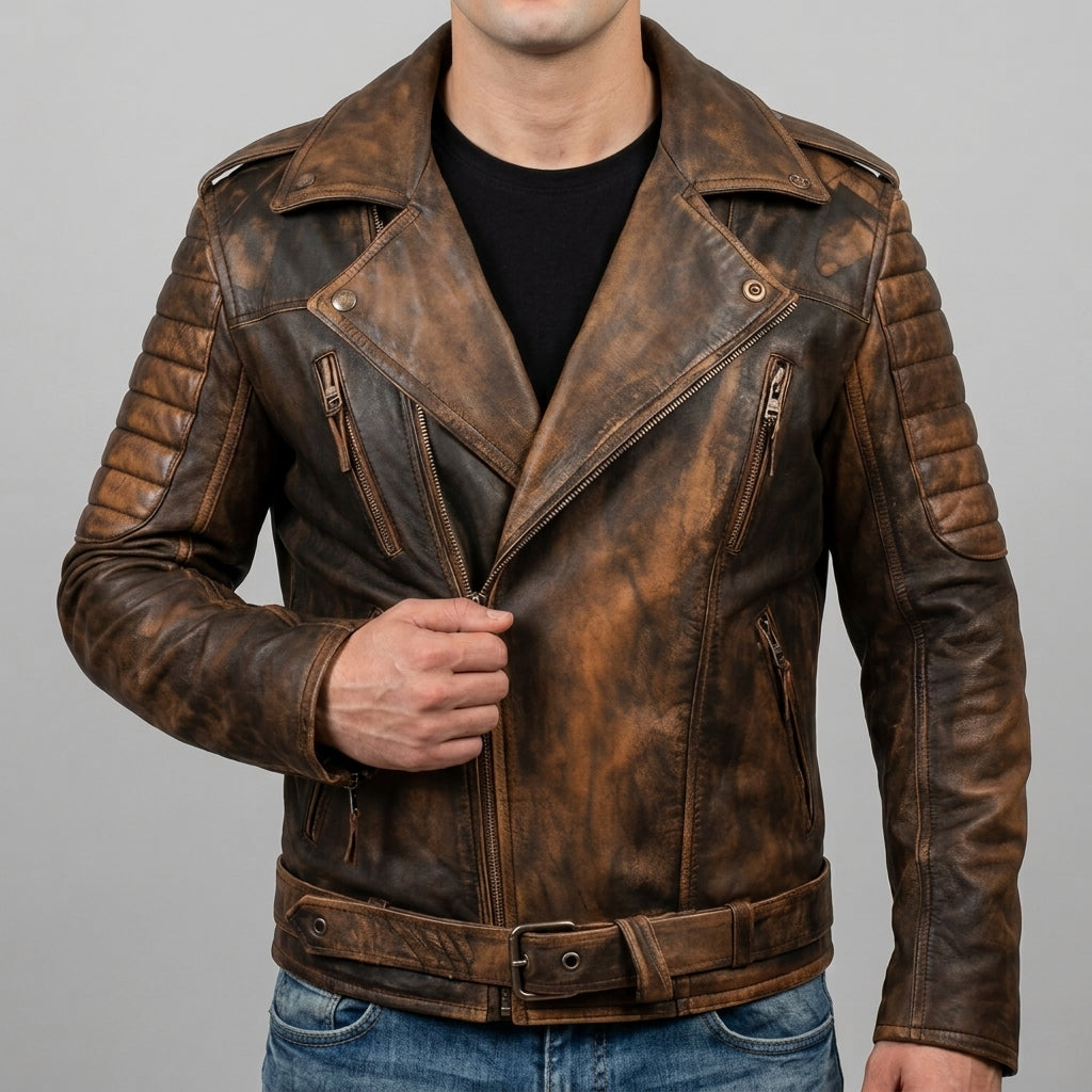 Men's Vintage Distressed Brown Leather Belted Biker Jacket - Genuine Leather Moto Jacket