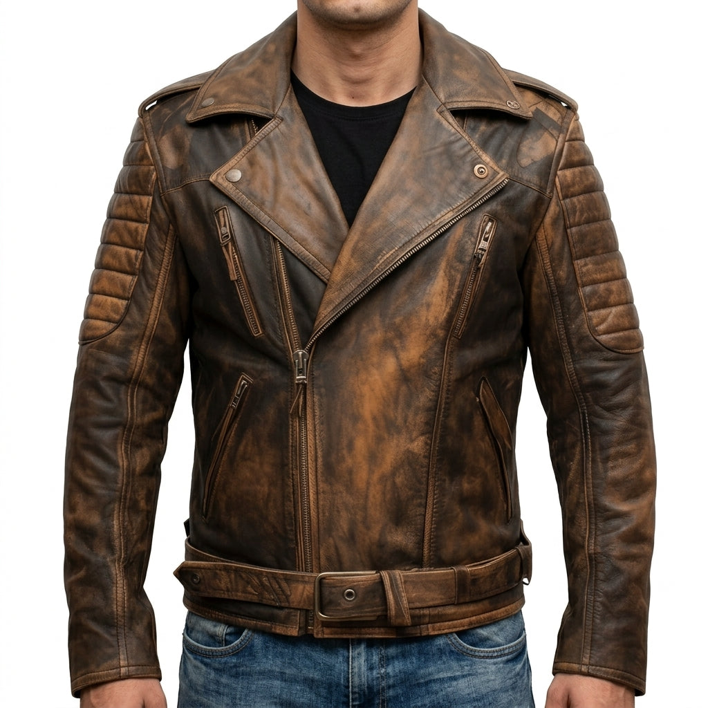 Men's Vintage Distressed Brown Leather Belted Biker Jacket - Genuine Leather Moto Jacket