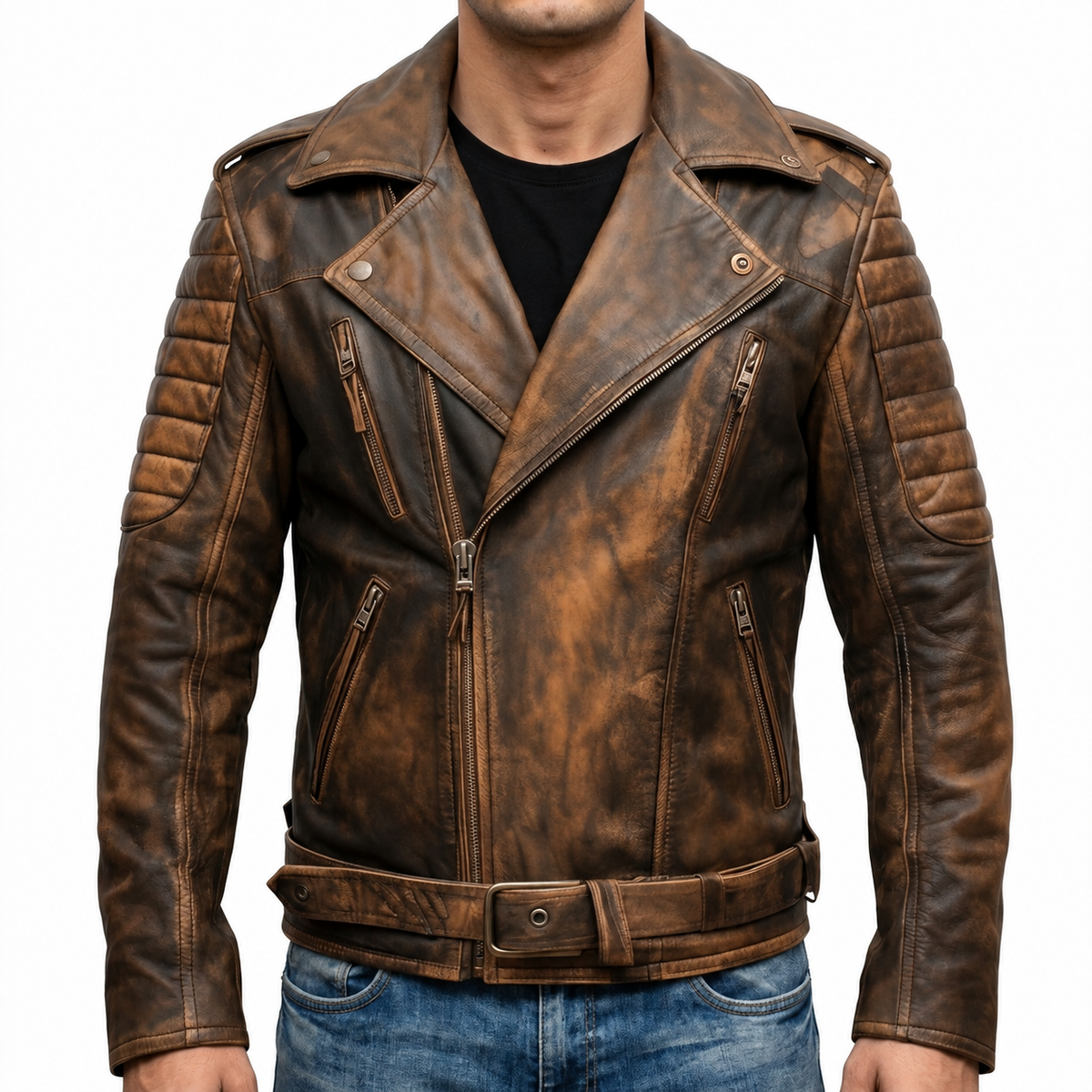 Men's Vintage Distressed Brown Leather Belted Biker Jacket - Genuine Leather Moto Jacket