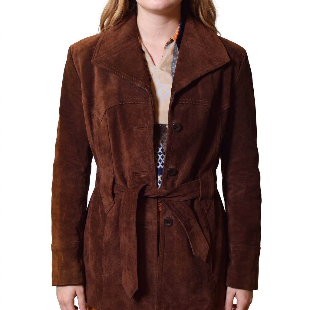 Dark Brown Suede Belted Jacket - Women's Notch-Lapel Tie-Belt Jacket