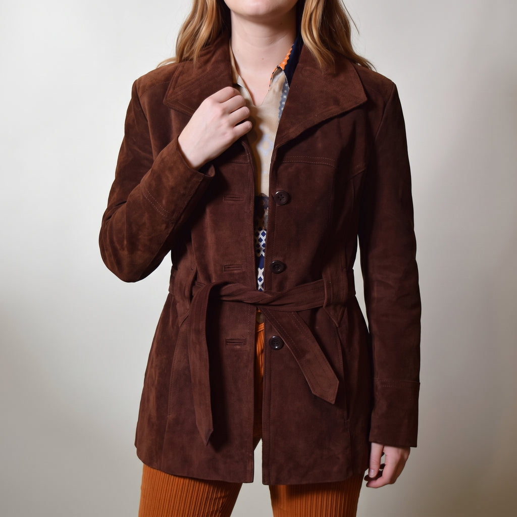 Dark Brown Suede Belted Jacket - Women's Notch-Lapel Tie-Belt Jacket