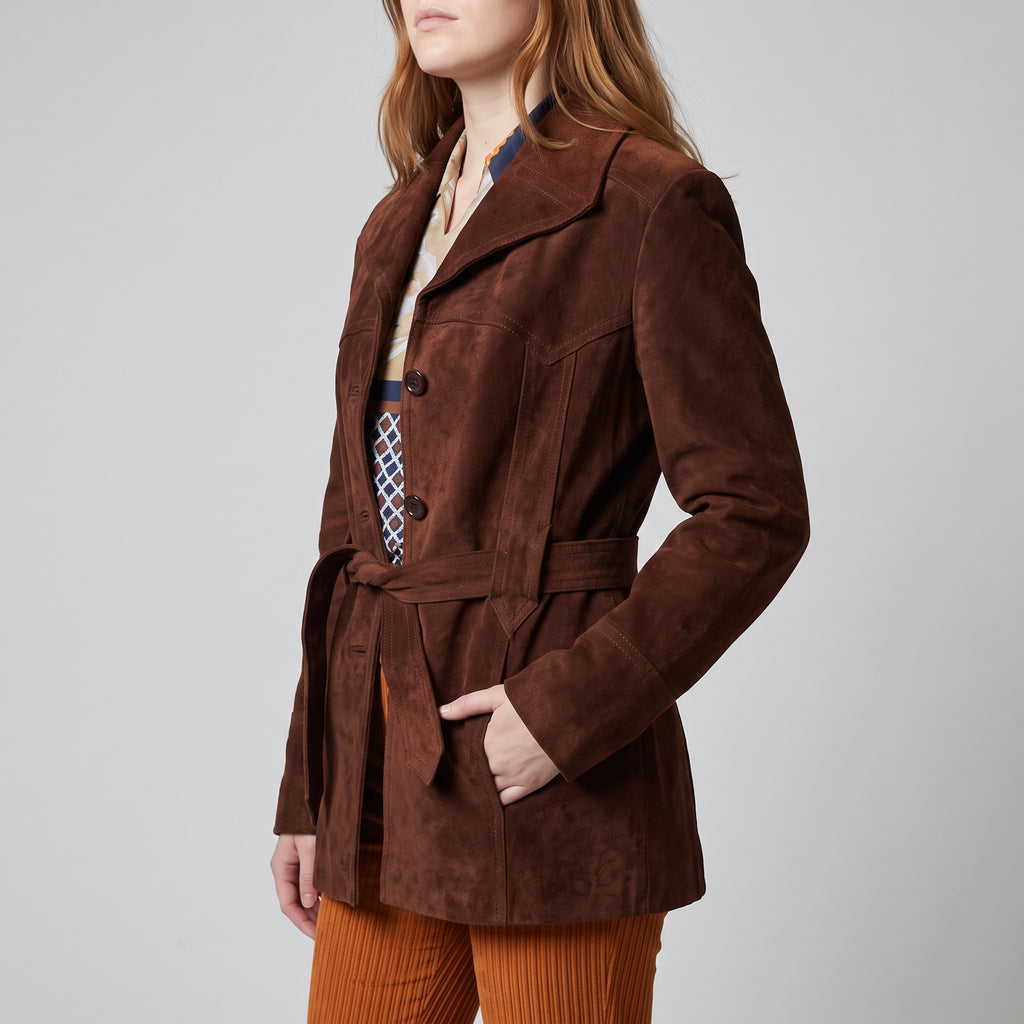 Dark Brown Suede Belted Jacket - Women's Notch-Lapel Tie-Belt Jacket