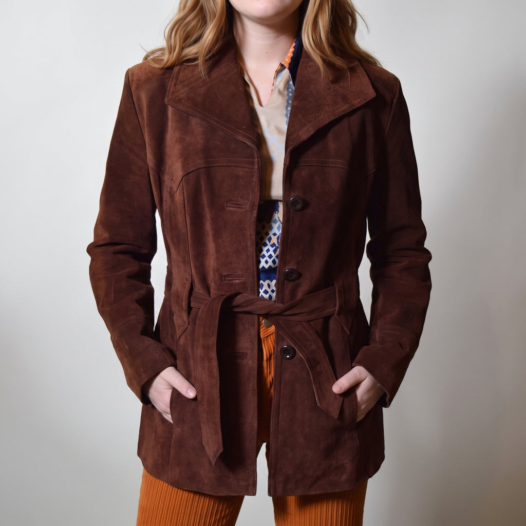 Dark Brown Suede Belted Jacket - Women's Notch-Lapel Tie-Belt Jacket