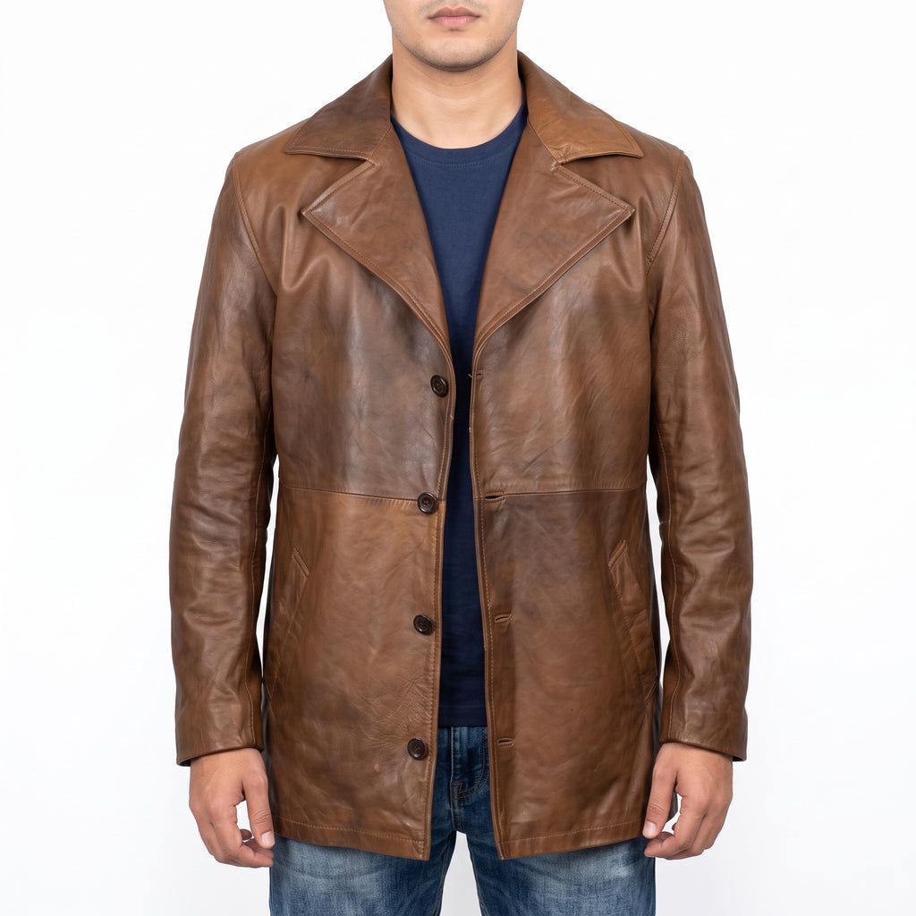 Men's Distressed Brown Leather Car Coat - Mid-Length Genuine Leather Coat