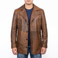 Men's Distressed Brown Leather Car Coat - Mid-Length Genuine Leather Coat