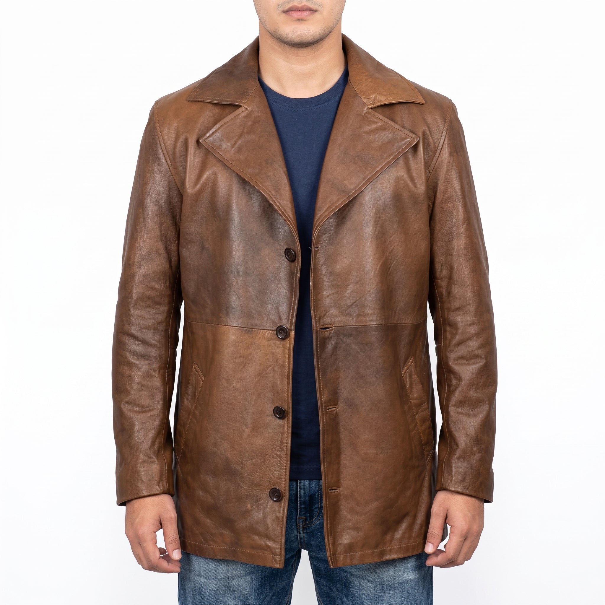 Men's Distressed Brown Leather Car Coat - Mid-Length Genuine Leather Coat