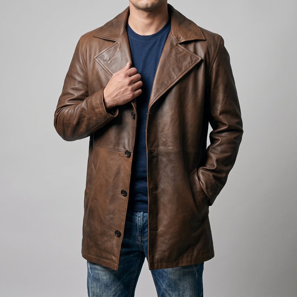 Men's Distressed Brown Leather Car Coat - Mid-Length Genuine Leather Coat