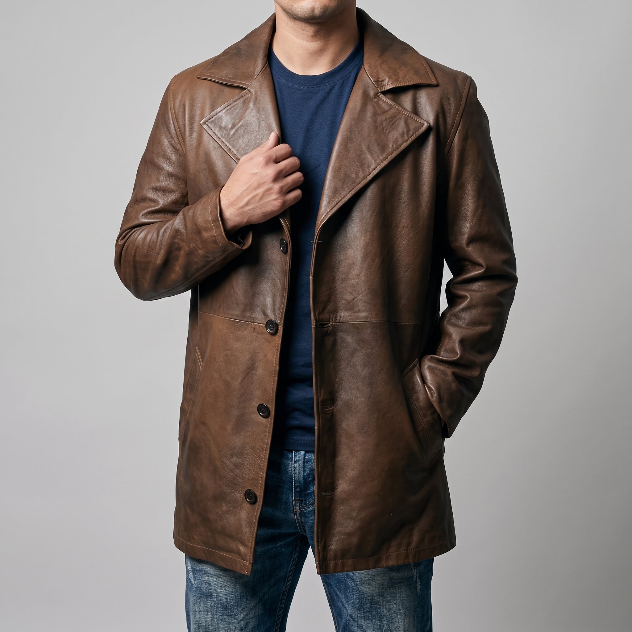 Men's Distressed Brown Leather Car Coat - Mid-Length Genuine Leather Coat