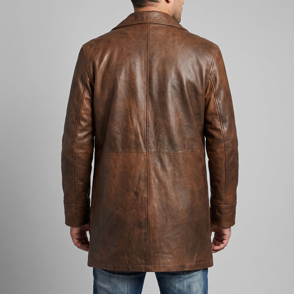 Men's Distressed Brown Leather Car Coat - Mid-Length Genuine Leather Coat