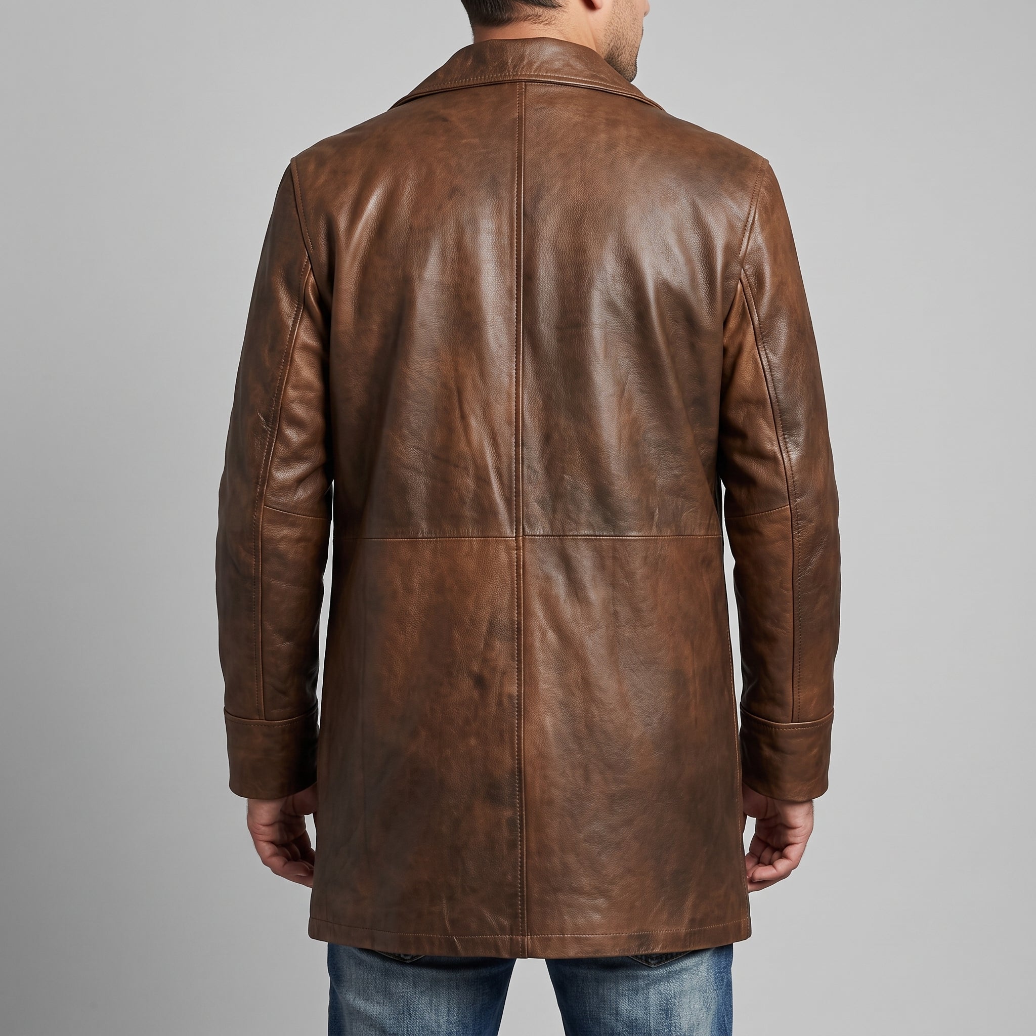 Men's Distressed Brown Leather Car Coat - Mid-Length Genuine Leather Coat