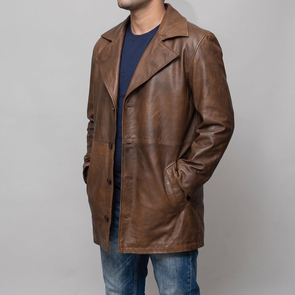 Men's Distressed Brown Leather Car Coat - Mid-Length Genuine Leather Coat