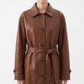 Women's Cognac Leather Belted Trench Coat