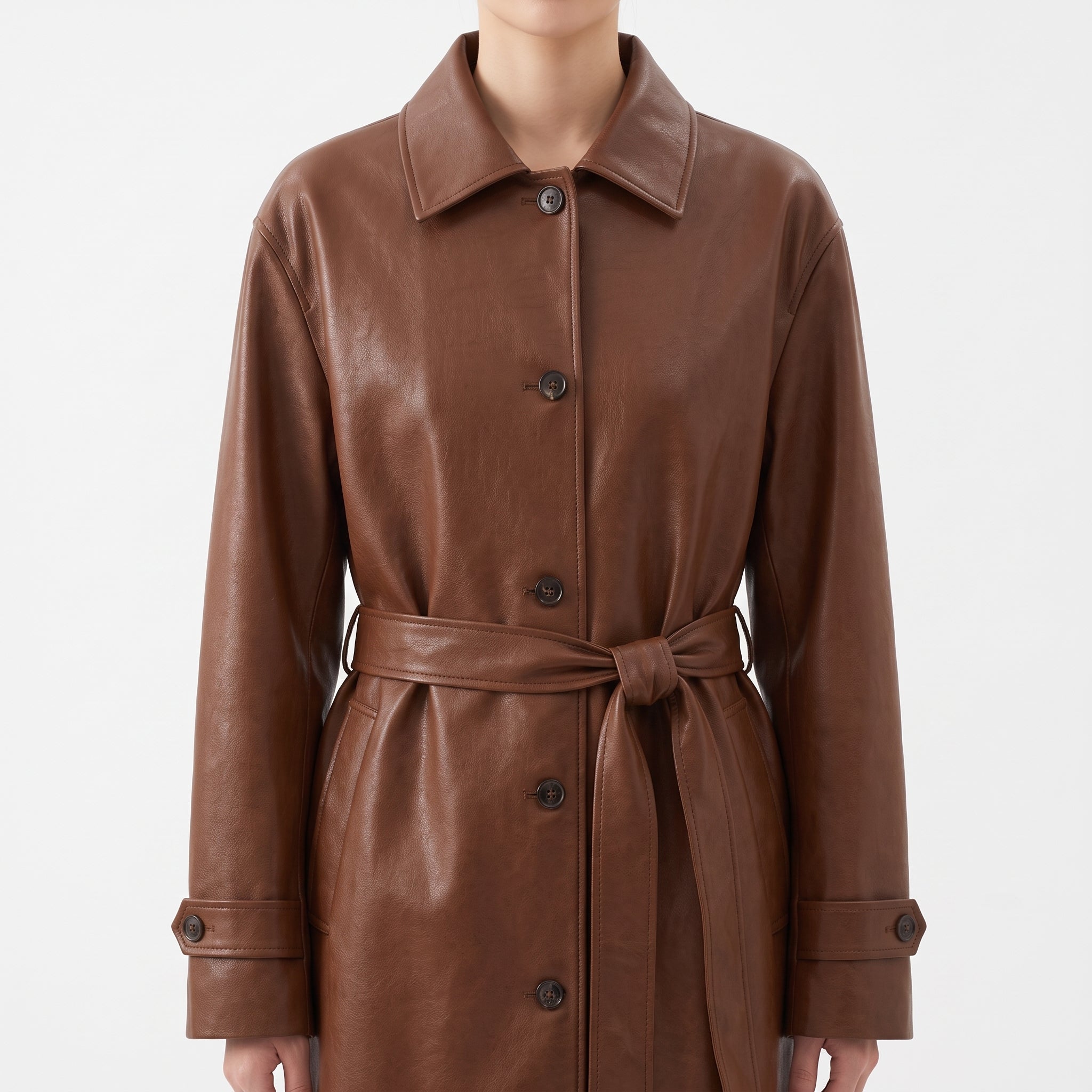 Women's Cognac Leather Belted Trench Coat
