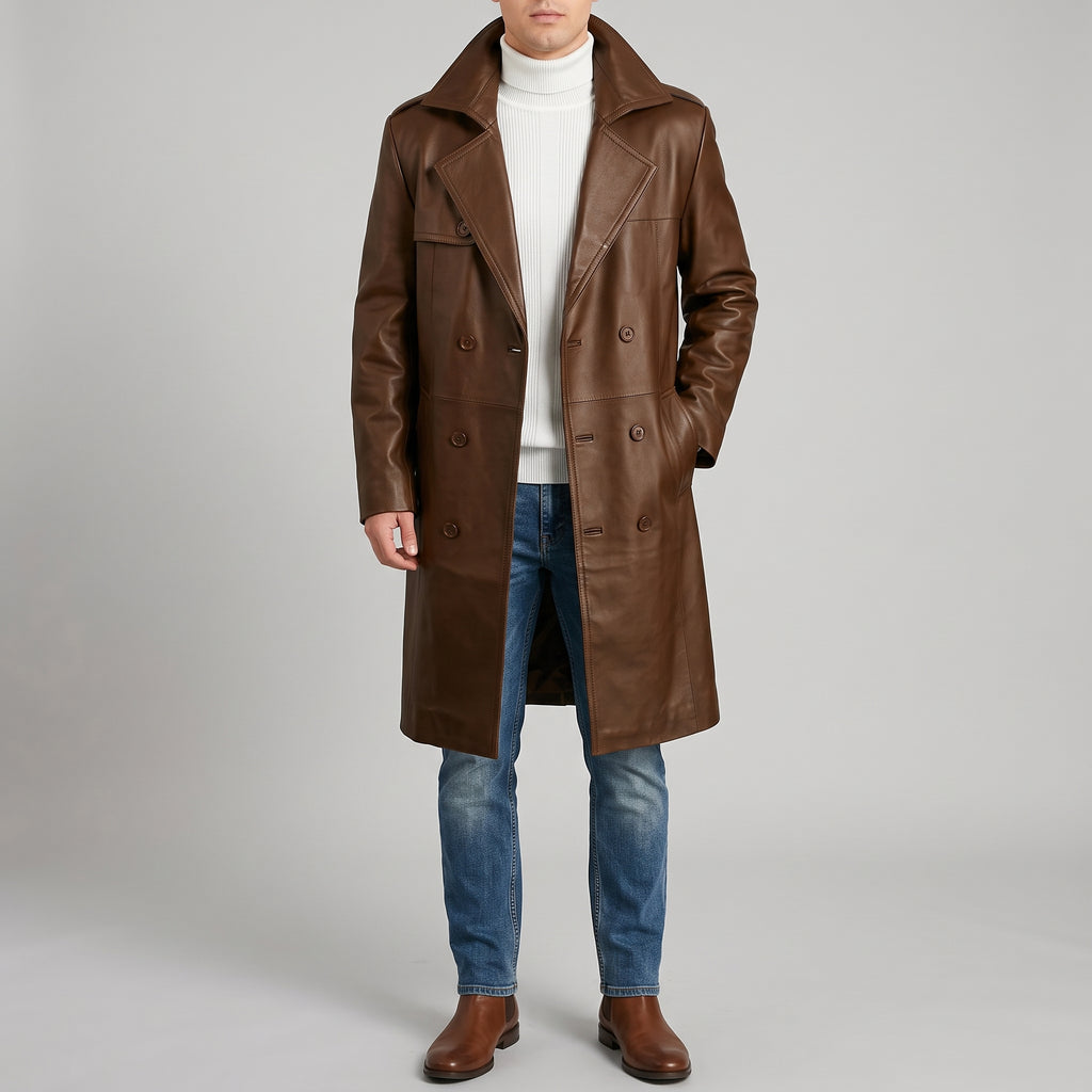 Men's Brown Leather Double-Breasted Trench Coat - Full-Length Genuine Leather Coat