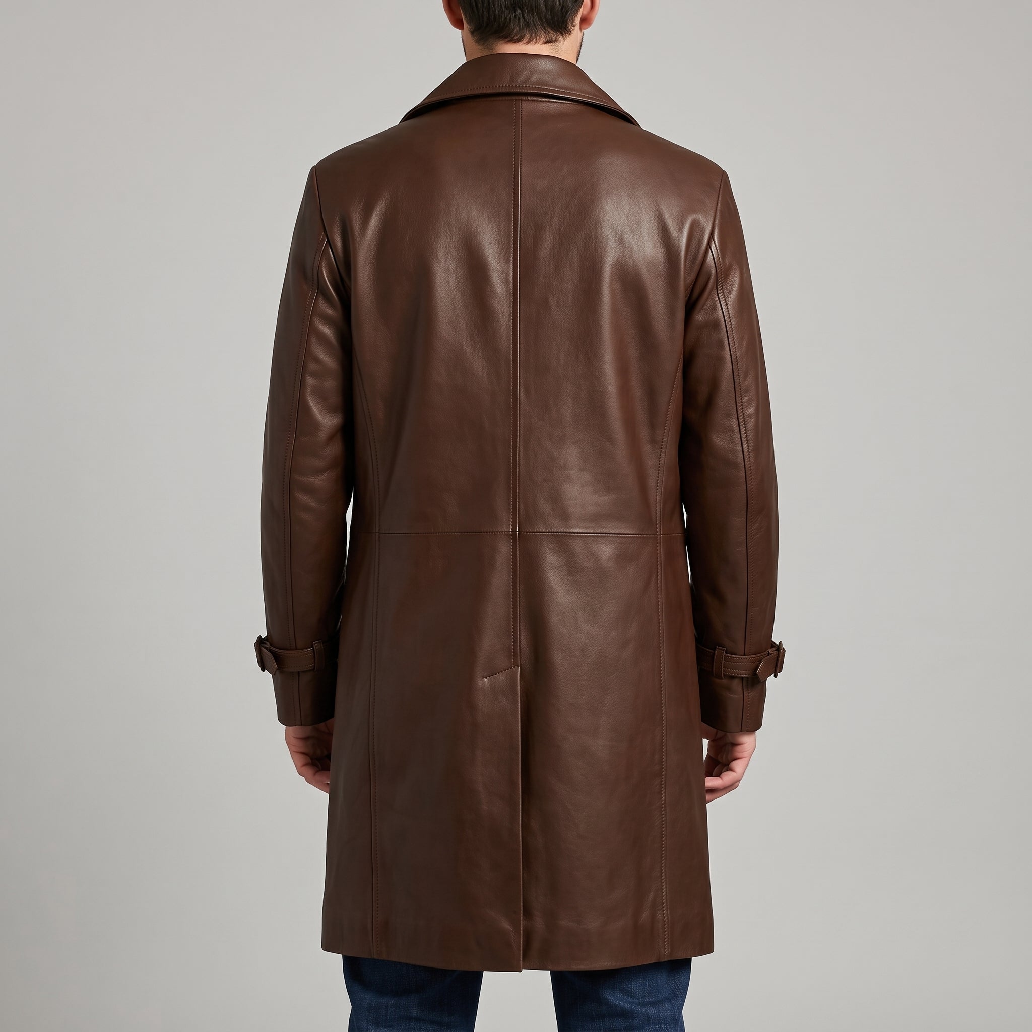 Men's Brown Leather Double-Breasted Trench Coat - Full-Length Genuine Leather Coat