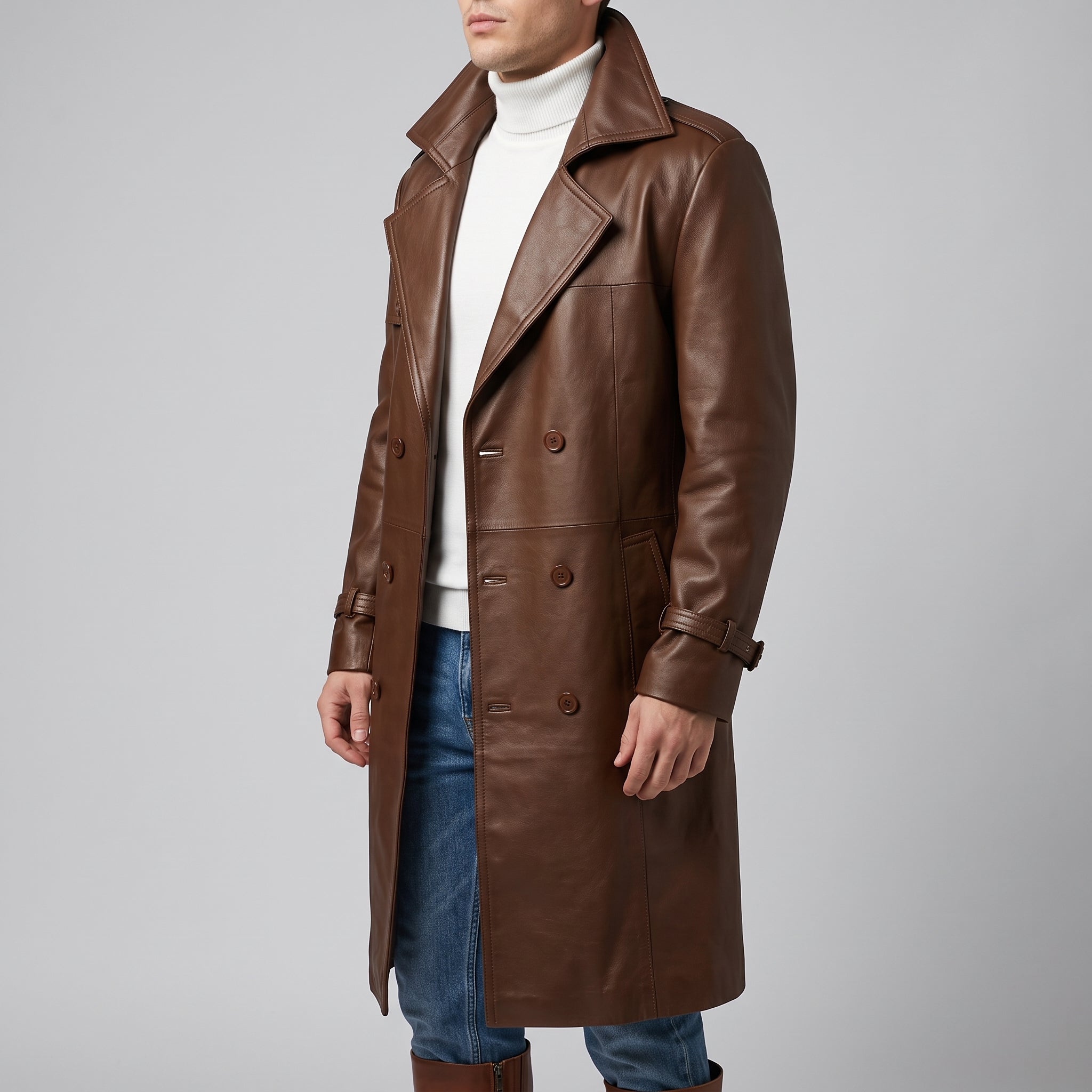 Men's Brown Leather Double-Breasted Trench Coat - Full-Length Genuine Leather Coat