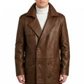 Men's Brown Leather Double-Breasted Trench Coat - Full-Length Genuine Leather Coat