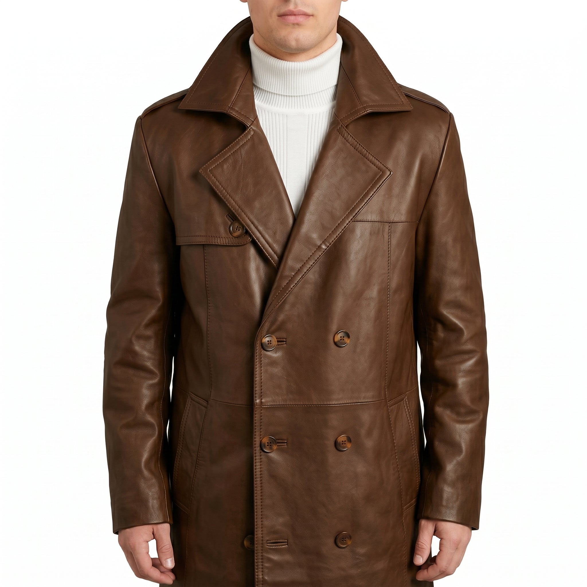 Men's Brown Leather Double-Breasted Trench Coat - Full-Length Genuine Leather Coat