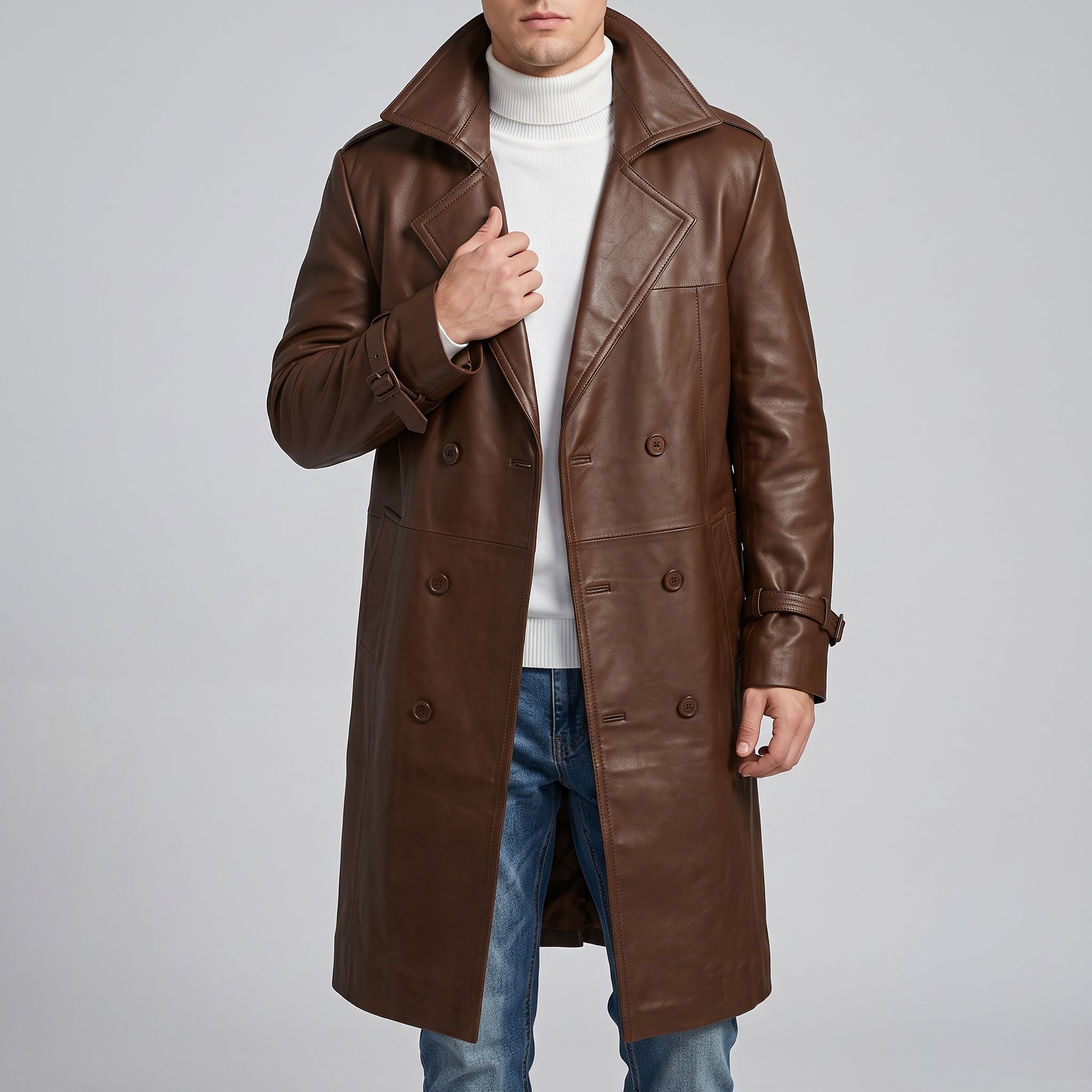 Men's Brown Leather Double-Breasted Trench Coat - Full-Length Genuine Leather Coat