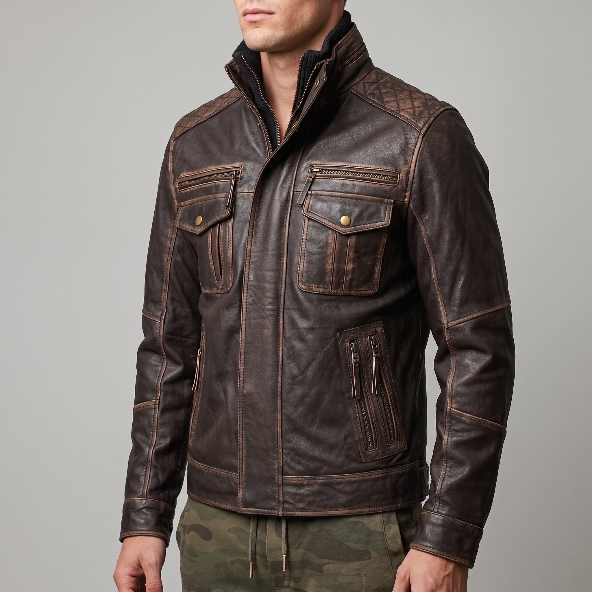 Distressed Brown Leather Multi-Pocket Moto Jacket - Men's Quilted Jacket