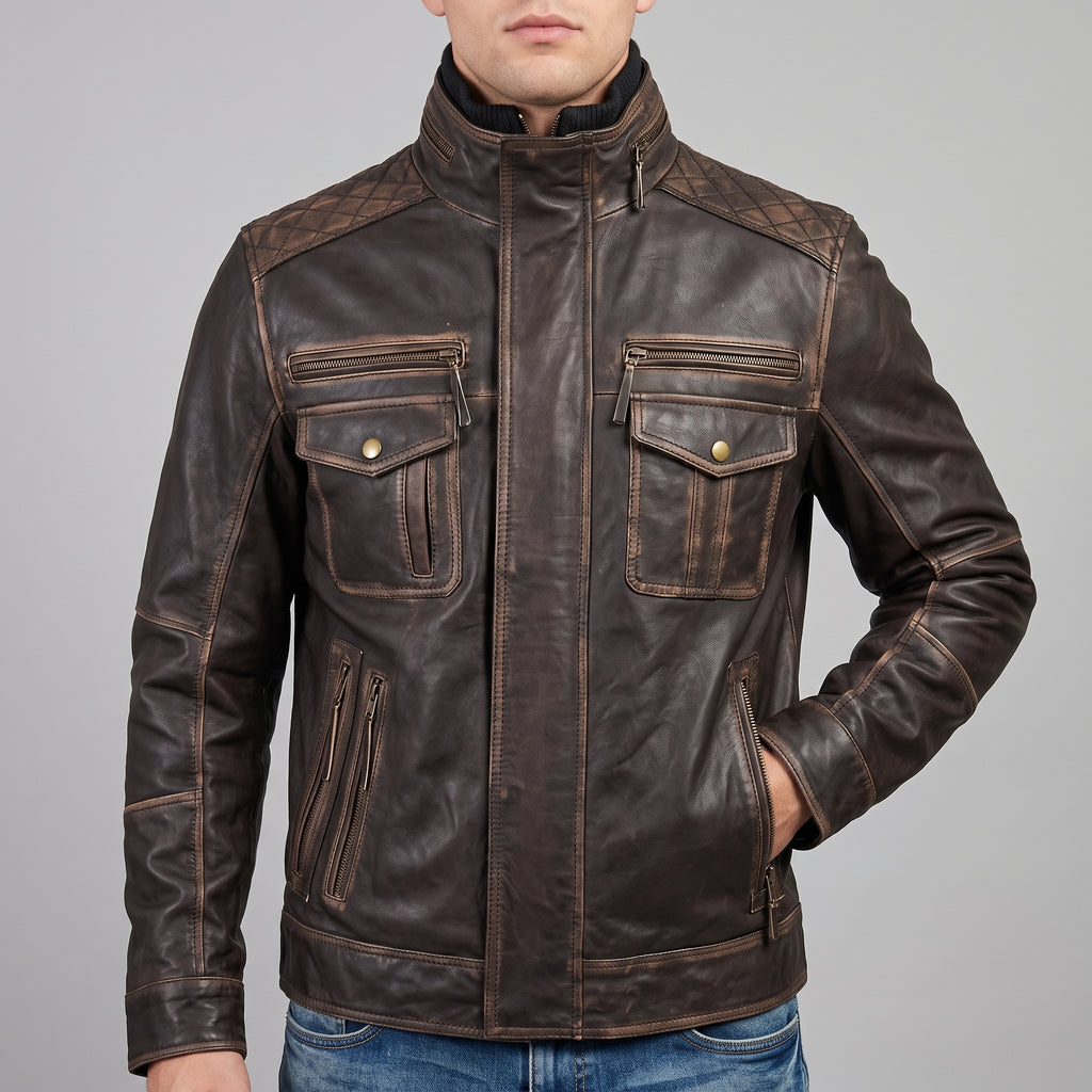 Distressed Brown Leather Multi-Pocket Moto Jacket - Men's Quilted Jacket