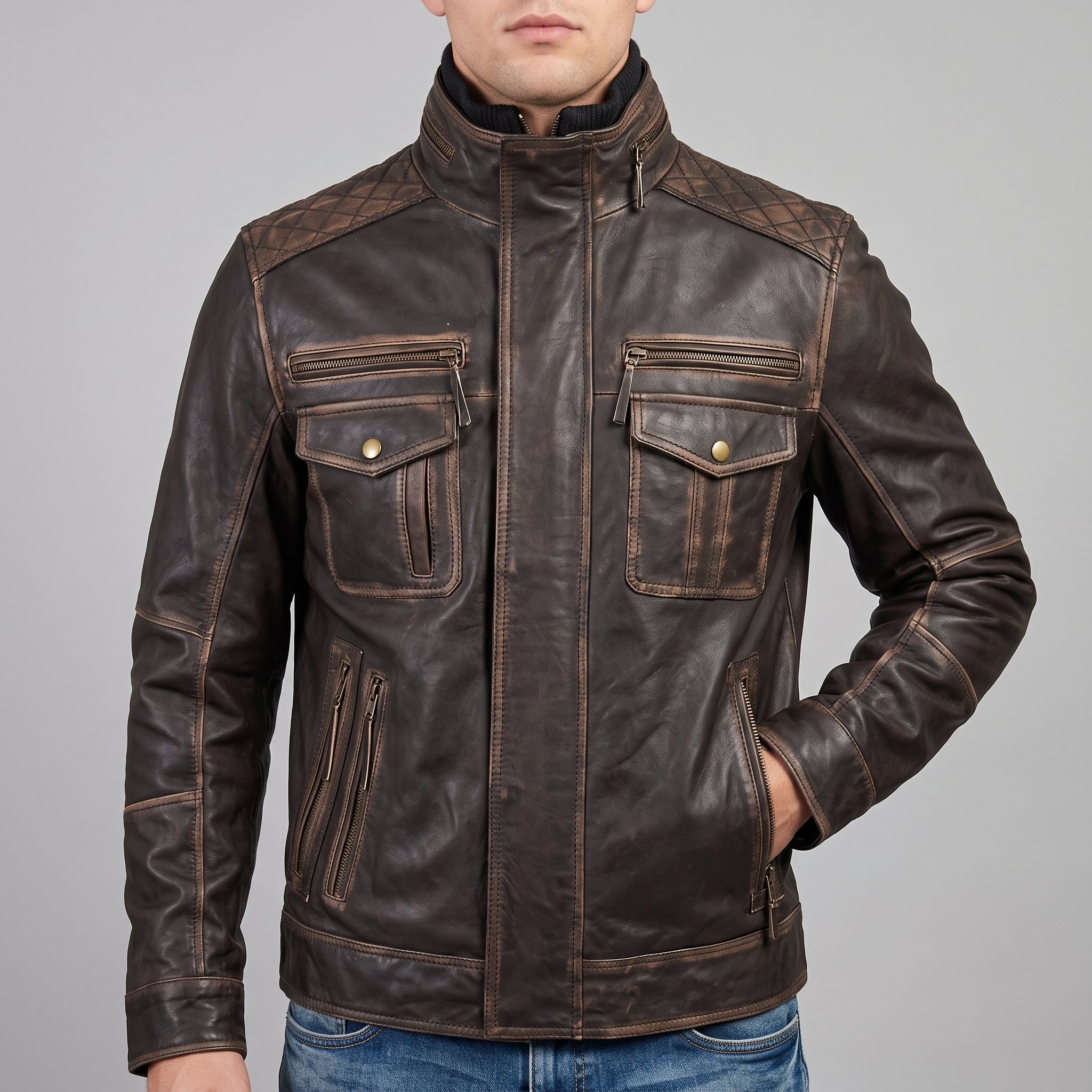 Distressed Brown Leather Multi-Pocket Moto Jacket - Men's Quilted Jacket