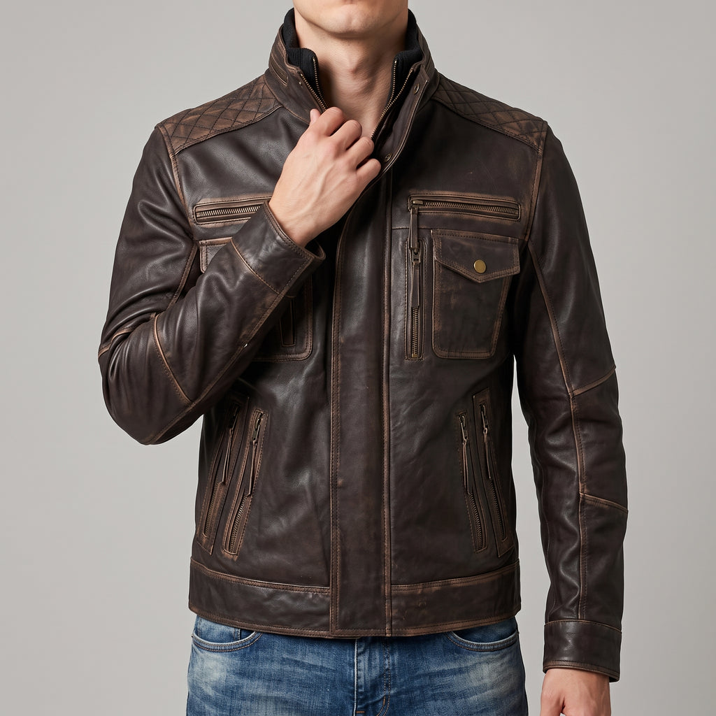 Distressed Brown Leather Multi-Pocket Moto Jacket - Men's Quilted Jacket