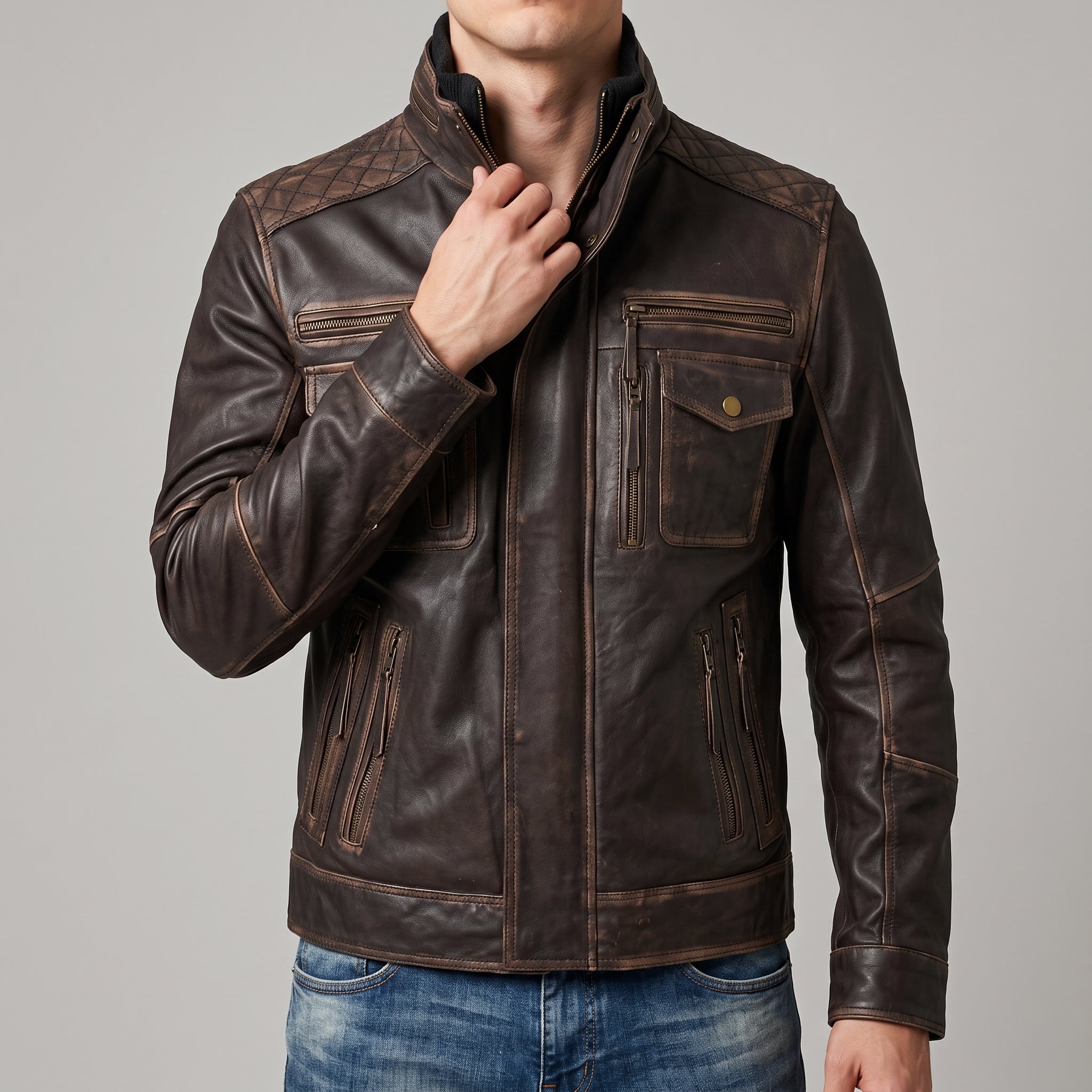Distressed Brown Leather Multi-Pocket Moto Jacket - Men's Quilted Jacket