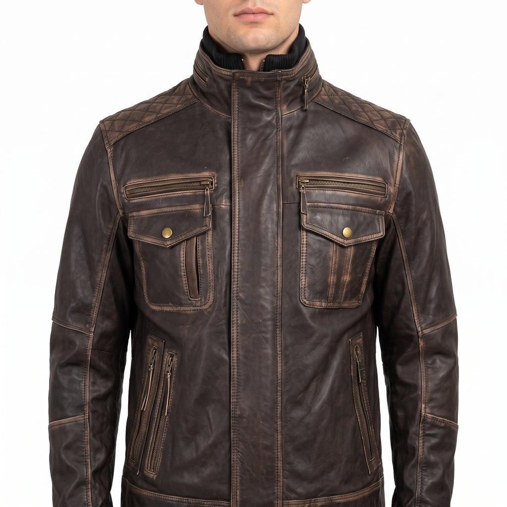 Distressed Brown Leather Multi-Pocket Moto Jacket - Men's Quilted Jacket