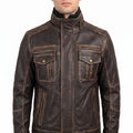 Distressed Brown Leather Multi-Pocket Moto Jacket - Men's Quilted Jacket