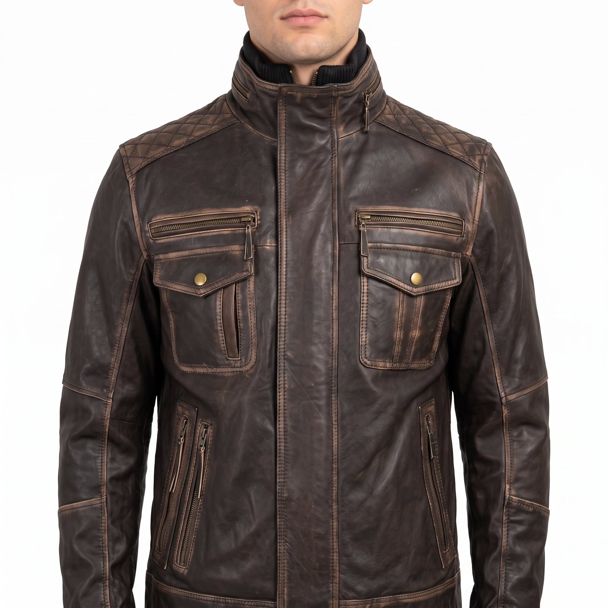 Distressed Brown Leather Multi-Pocket Moto Jacket - Men's Quilted Jacket