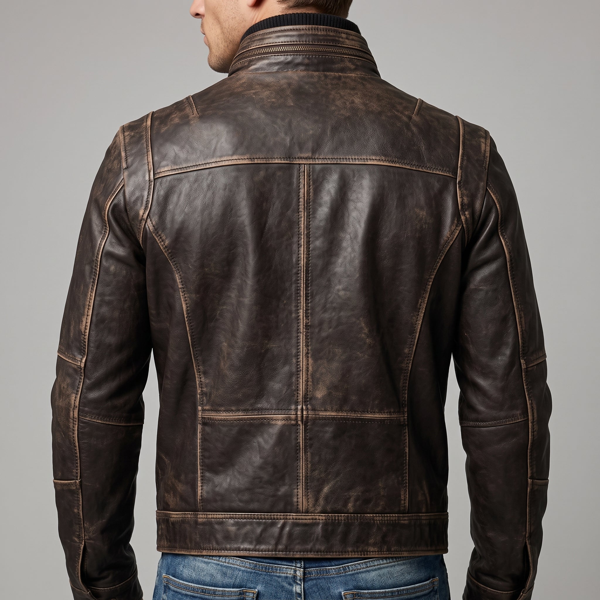 Distressed Brown Leather Multi-Pocket Moto Jacket - Men's Quilted Jacket