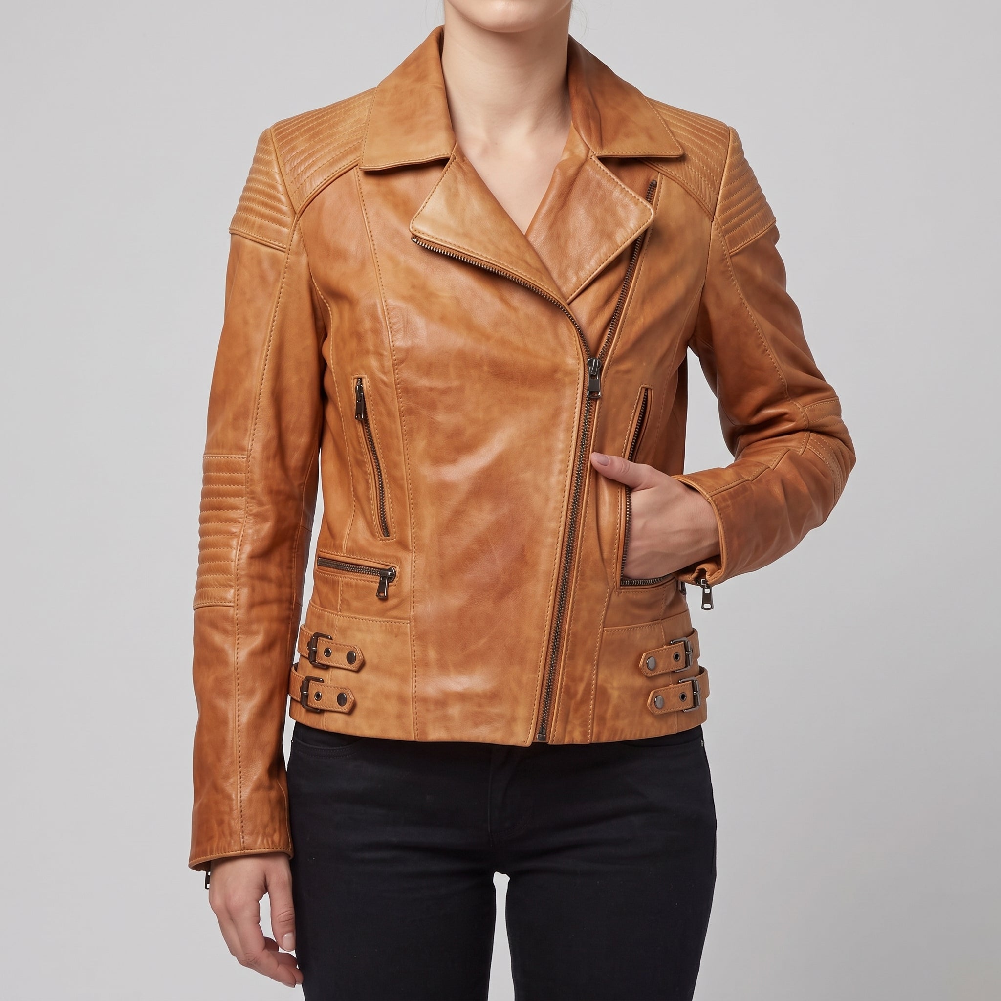 Tan Leather Quilted Moto Jacket — Women's Buckle-Strap Biker Jacket