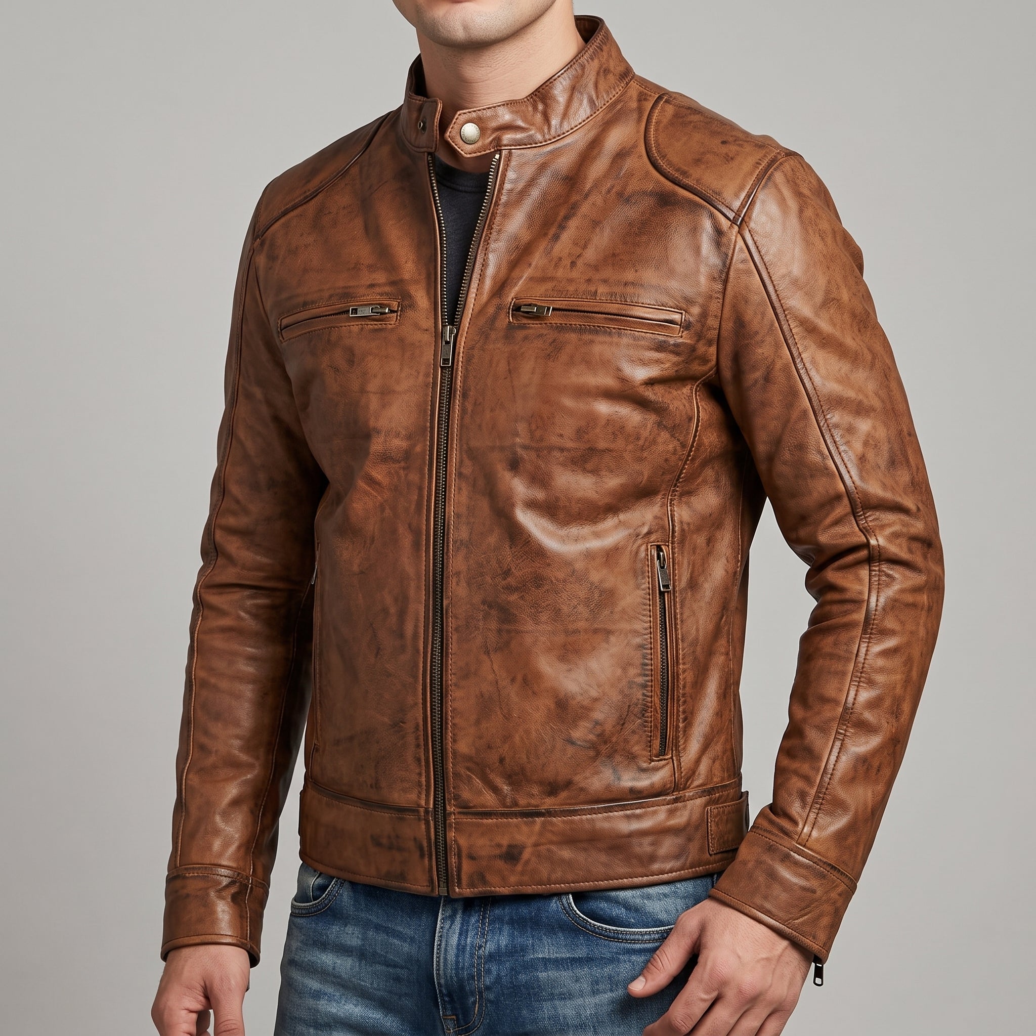 Men's Distressed Cognac Motorcycle Jacket - Vintage Genuine Leather Jacket