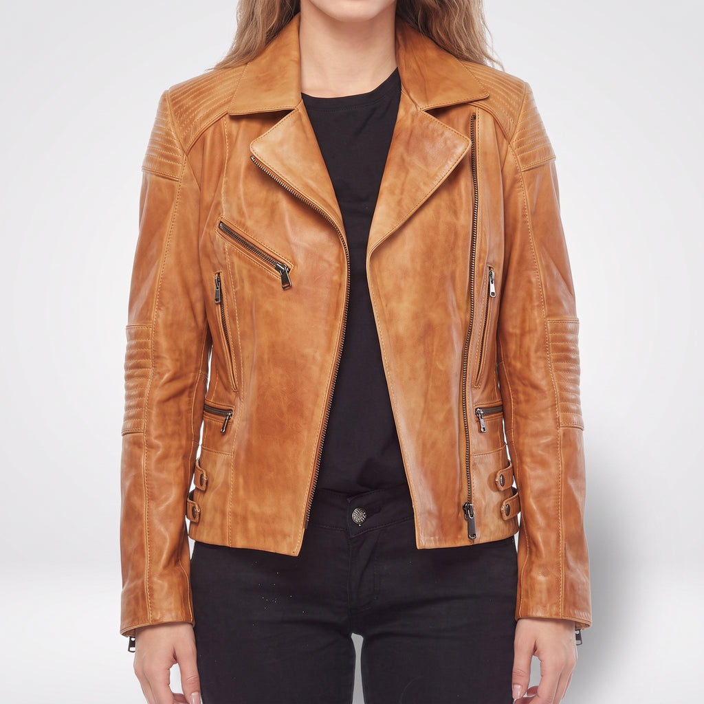 Tan Leather Quilted Moto Jacket — Women's Buckle-Strap Biker Jacket