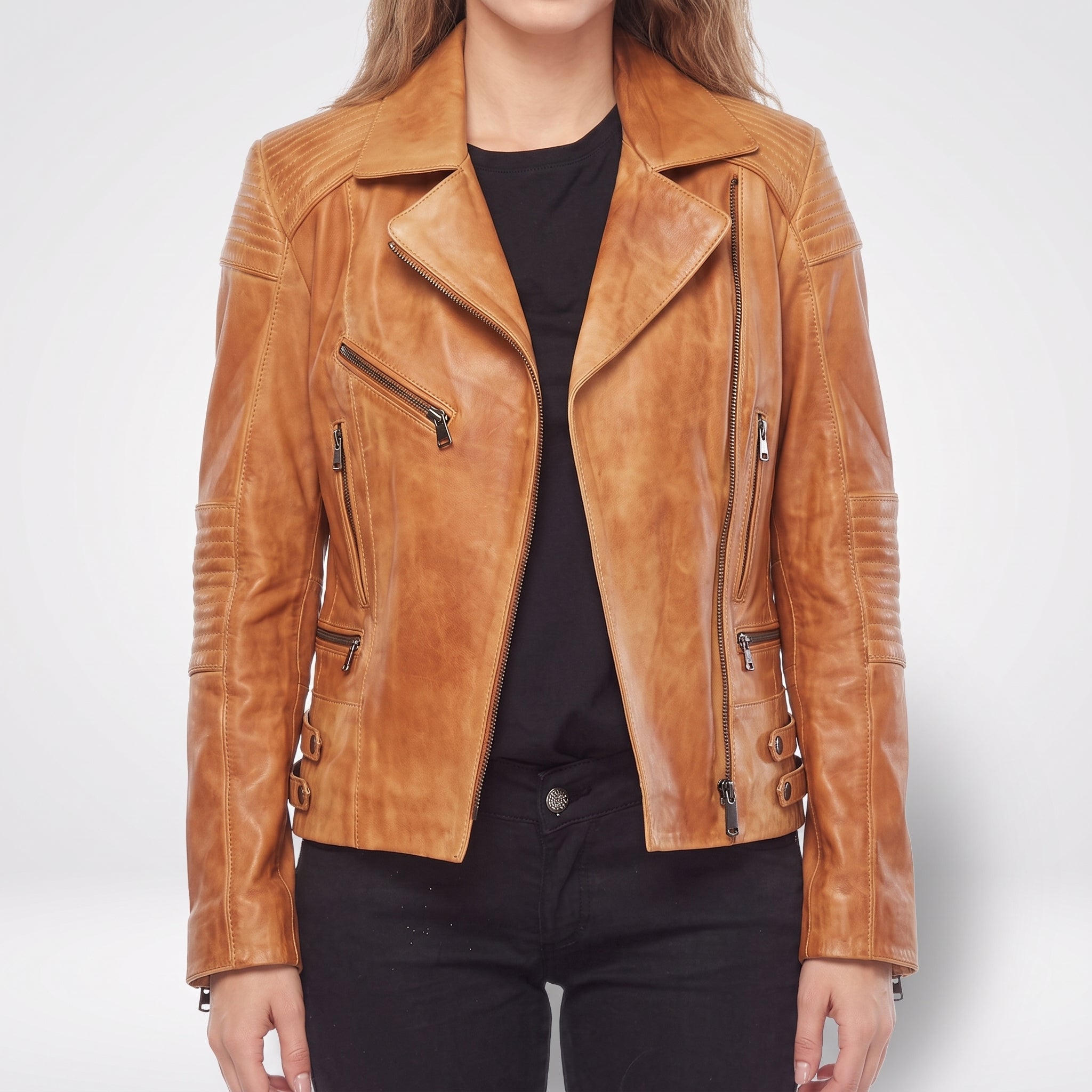 Tan Leather Quilted Moto Jacket — Women's Buckle-Strap Biker Jacket