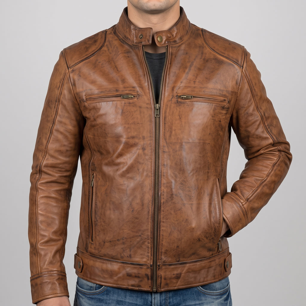 Men's Distressed Cognac Motorcycle Jacket - Vintage Genuine Leather Jacket