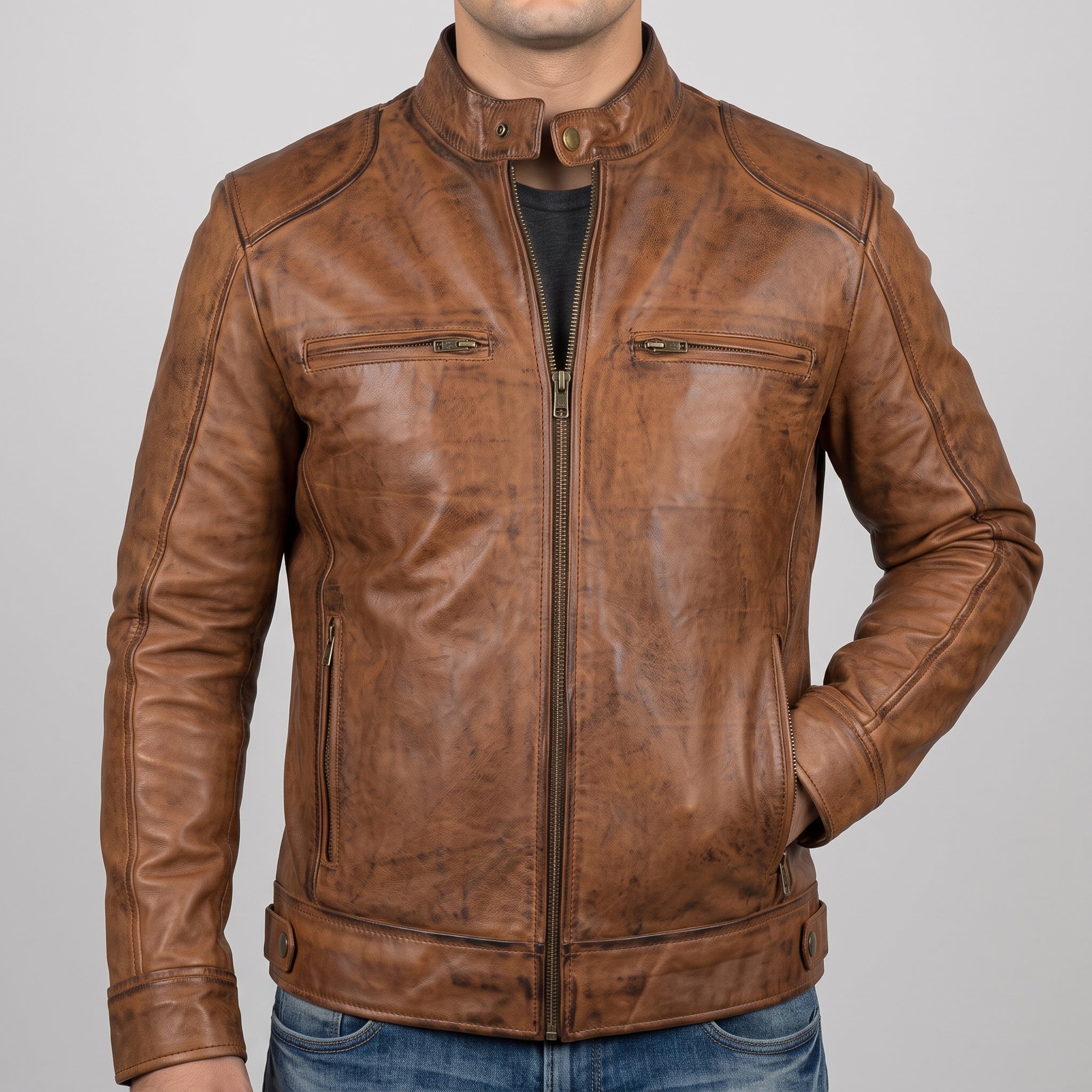 Men's Distressed Cognac Motorcycle Jacket - Vintage Genuine Leather Jacket