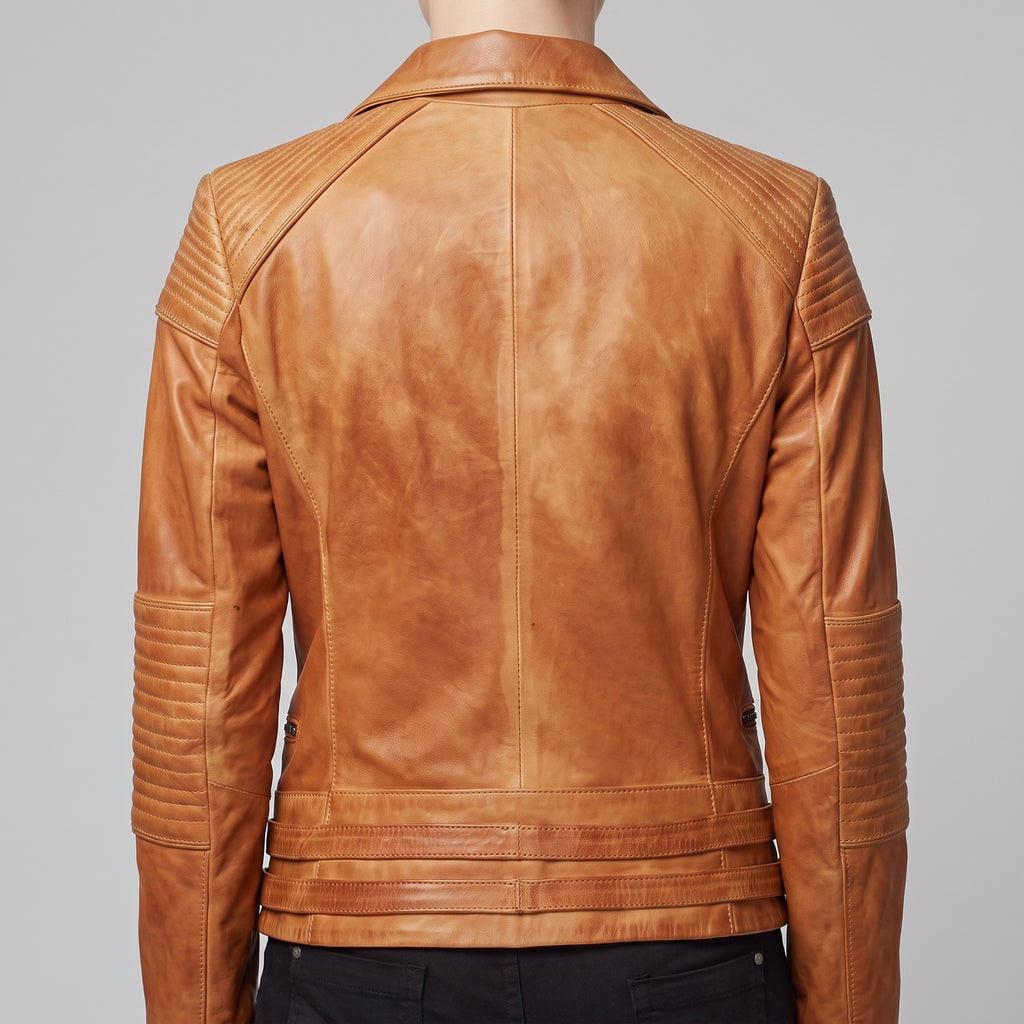 Tan Leather Quilted Moto Jacket — Women's Buckle-Strap Biker Jacket