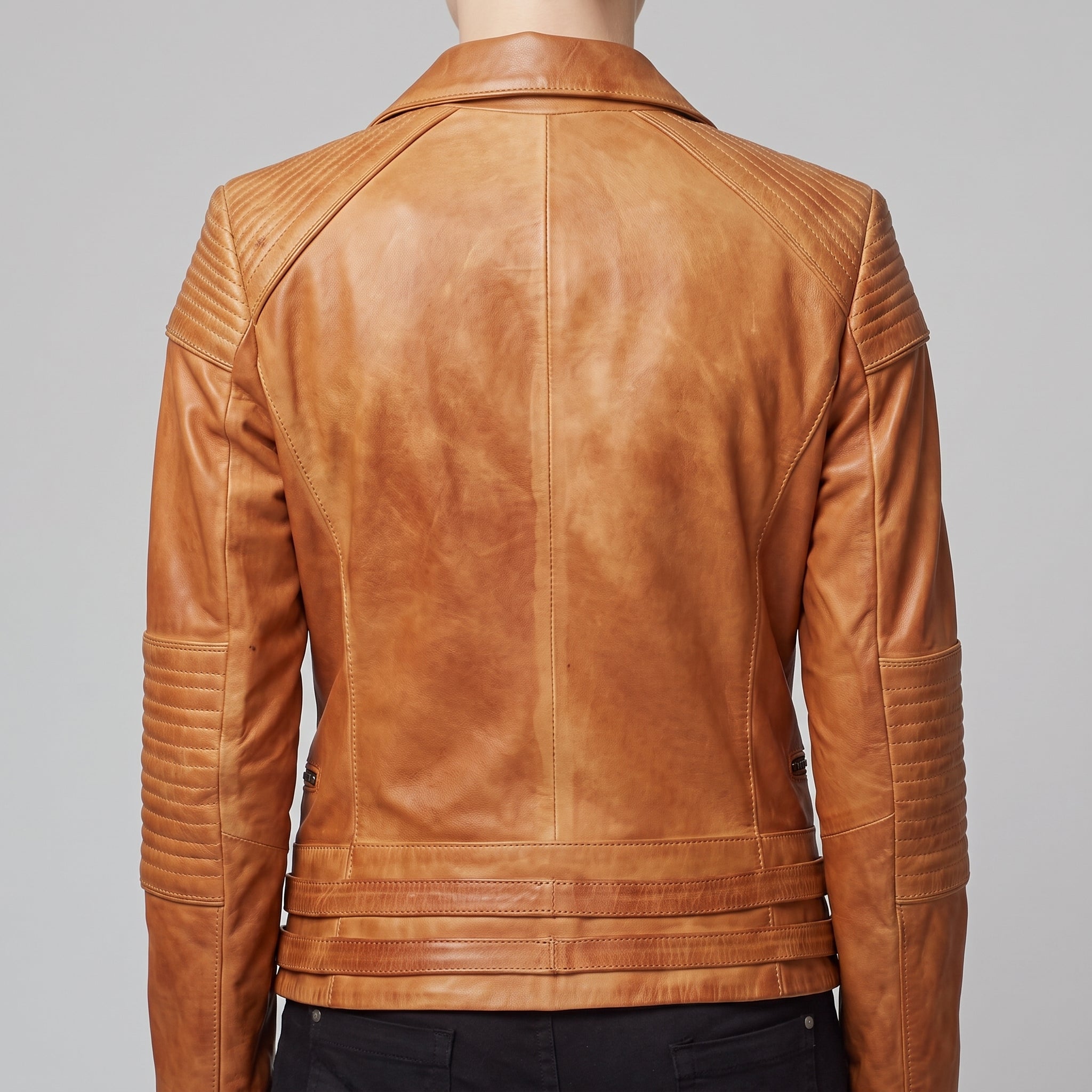 Tan Leather Quilted Moto Jacket — Women's Buckle-Strap Biker Jacket