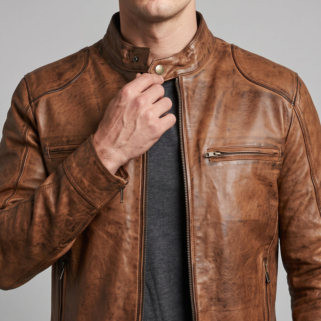 Men's Distressed Cognac Motorcycle Jacket - Vintage Genuine Leather Jacket