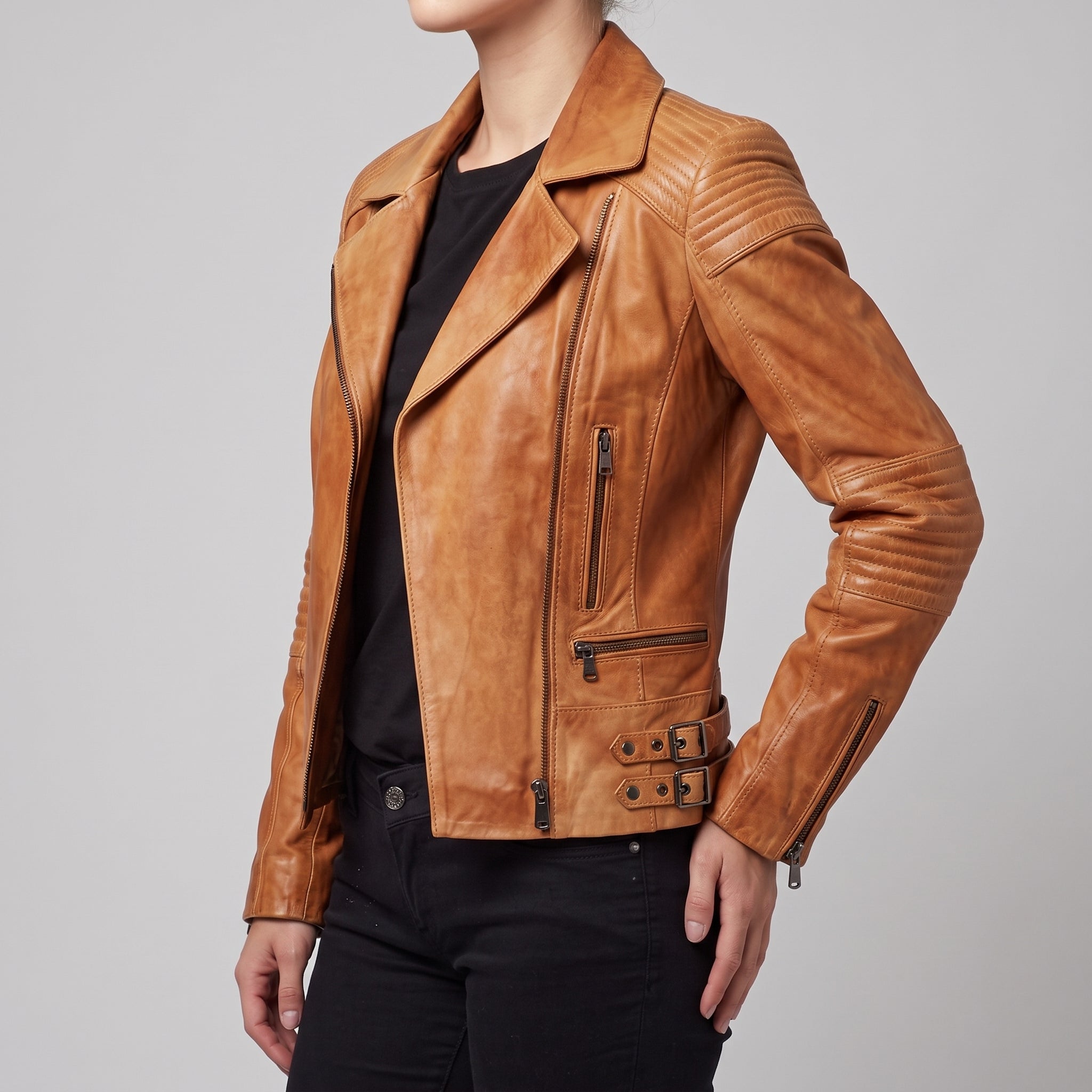 Tan Leather Quilted Moto Jacket — Women's Buckle-Strap Biker Jacket